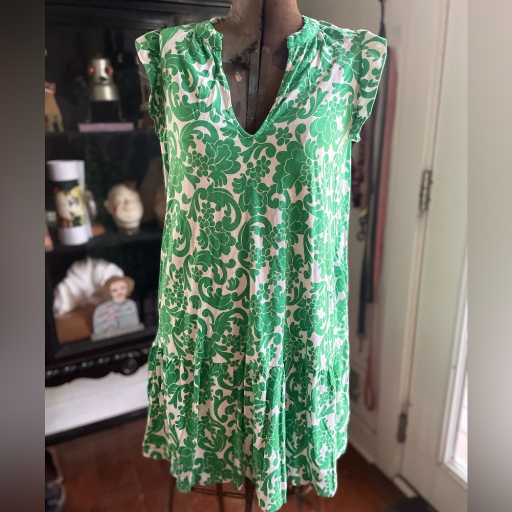 Boden sleeveless dress with green floral print, size 10R